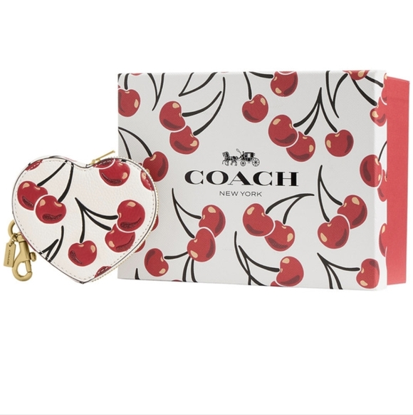 Coach Handbags - COACH Boxed Cherry Print Leather Heart Coin Purse NIB